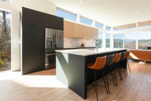The kitchen area of a Columbia River Gorge rental to relax in after hiking to local waterfalls.