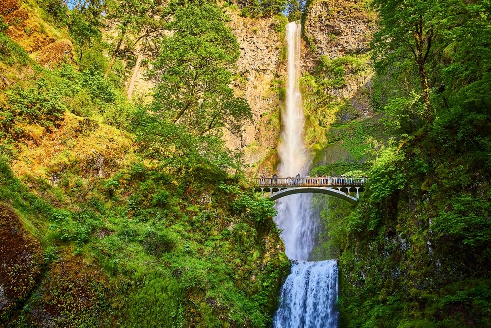 People on a bridge overlooking one of the Columbia River Gorge waterfalls.
