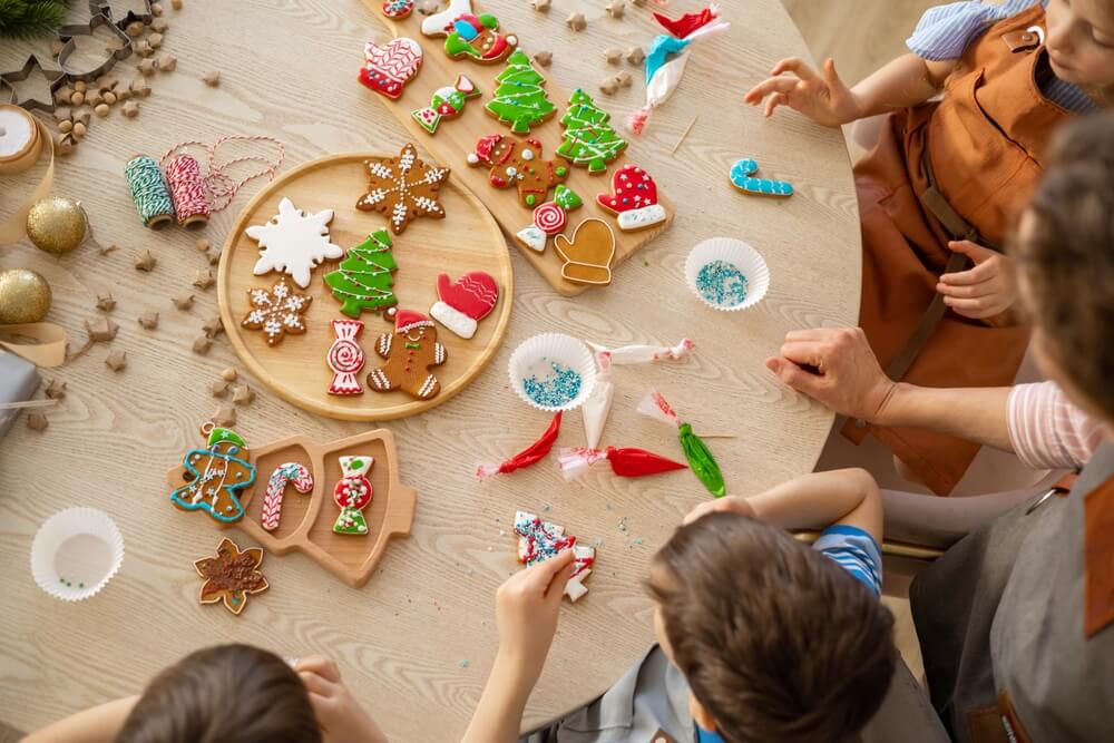 A family decorating cooking on a Hood River, Oregon, Christmas vacation.
